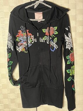 Romeo & Juliet Couture Black Floral Tattoo Zip Hoodie with Red & Green Roses